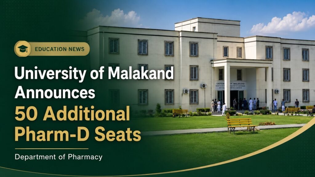 University of Malakand campus building with pharmacy department sign