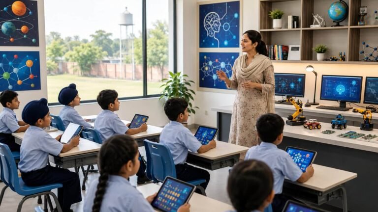 Students in a primary school AI lab working on computers with AI software