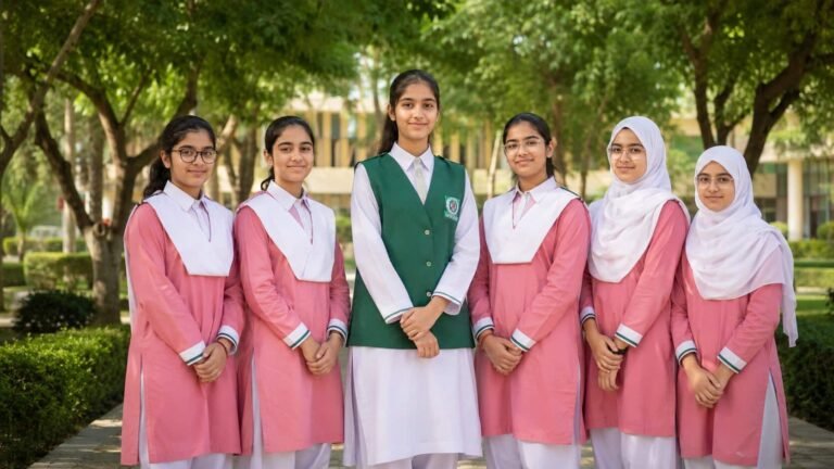 Daanish Schools building exterior with students in uniform