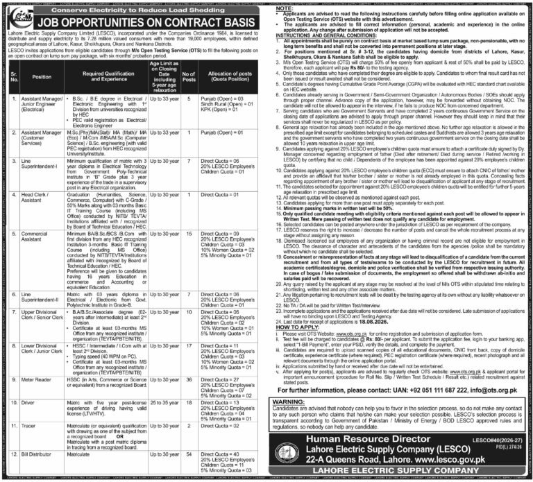 LESCO jobs 2026 - Lahore Electric Supply Company recruitment