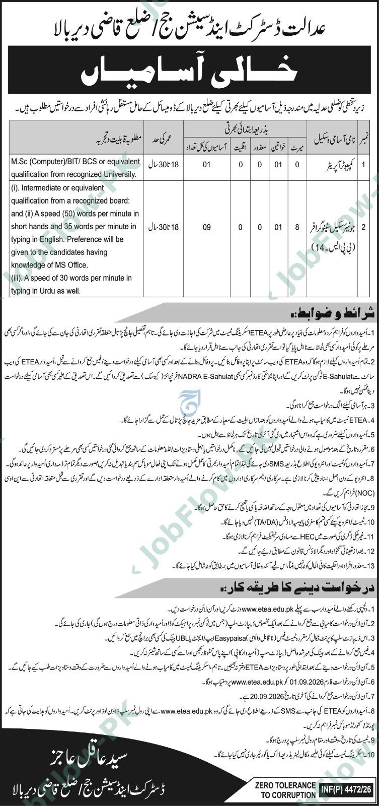 District Courts District & Session Judge Zilla Qazi Dir Upper Jobs 2026 in Dir official advertisement
