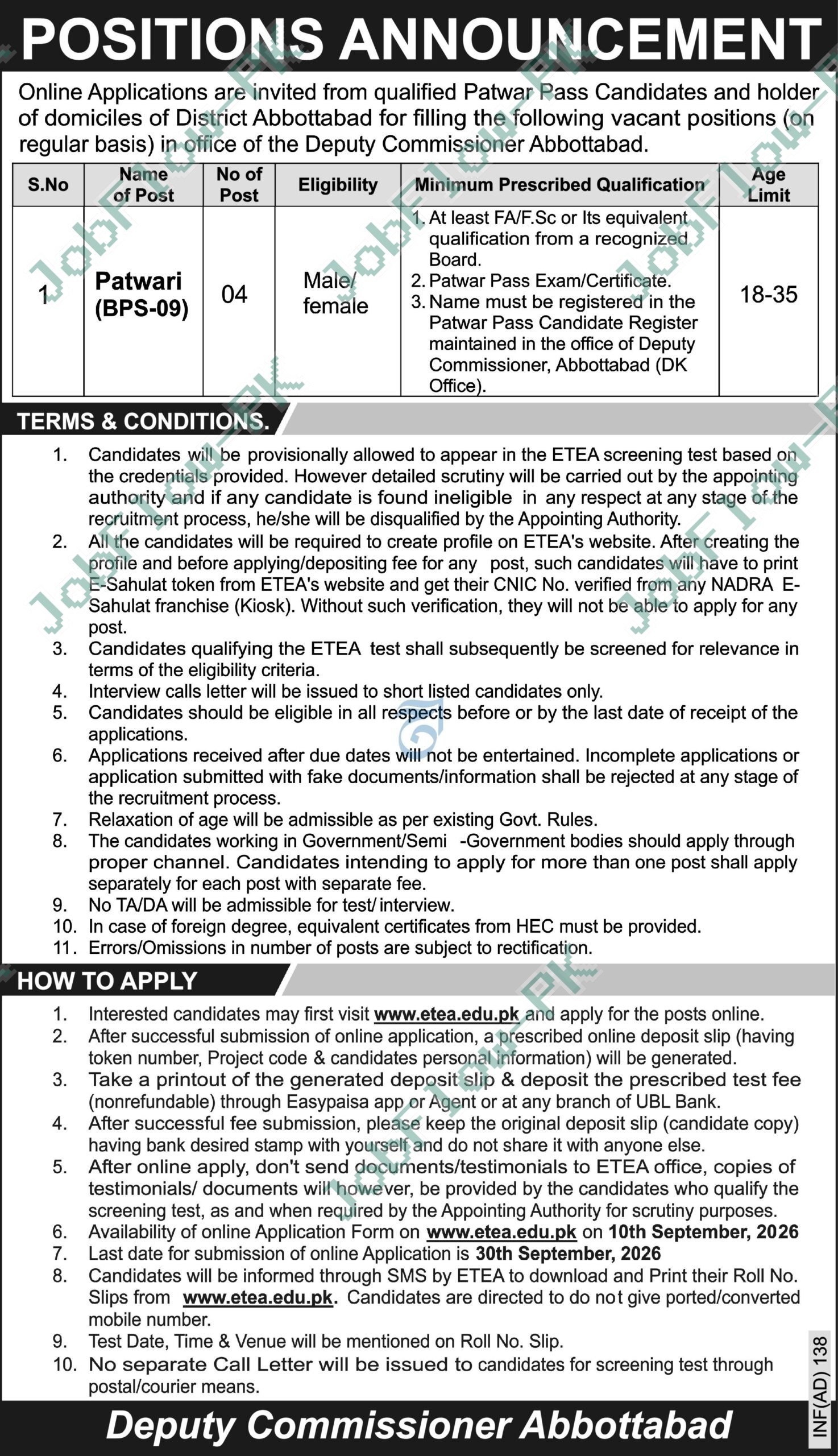 Office Of the Deputy Commissioner Abbottabad (DC Abbottabad) Jobs 2026 in Abbottabad official advertisement