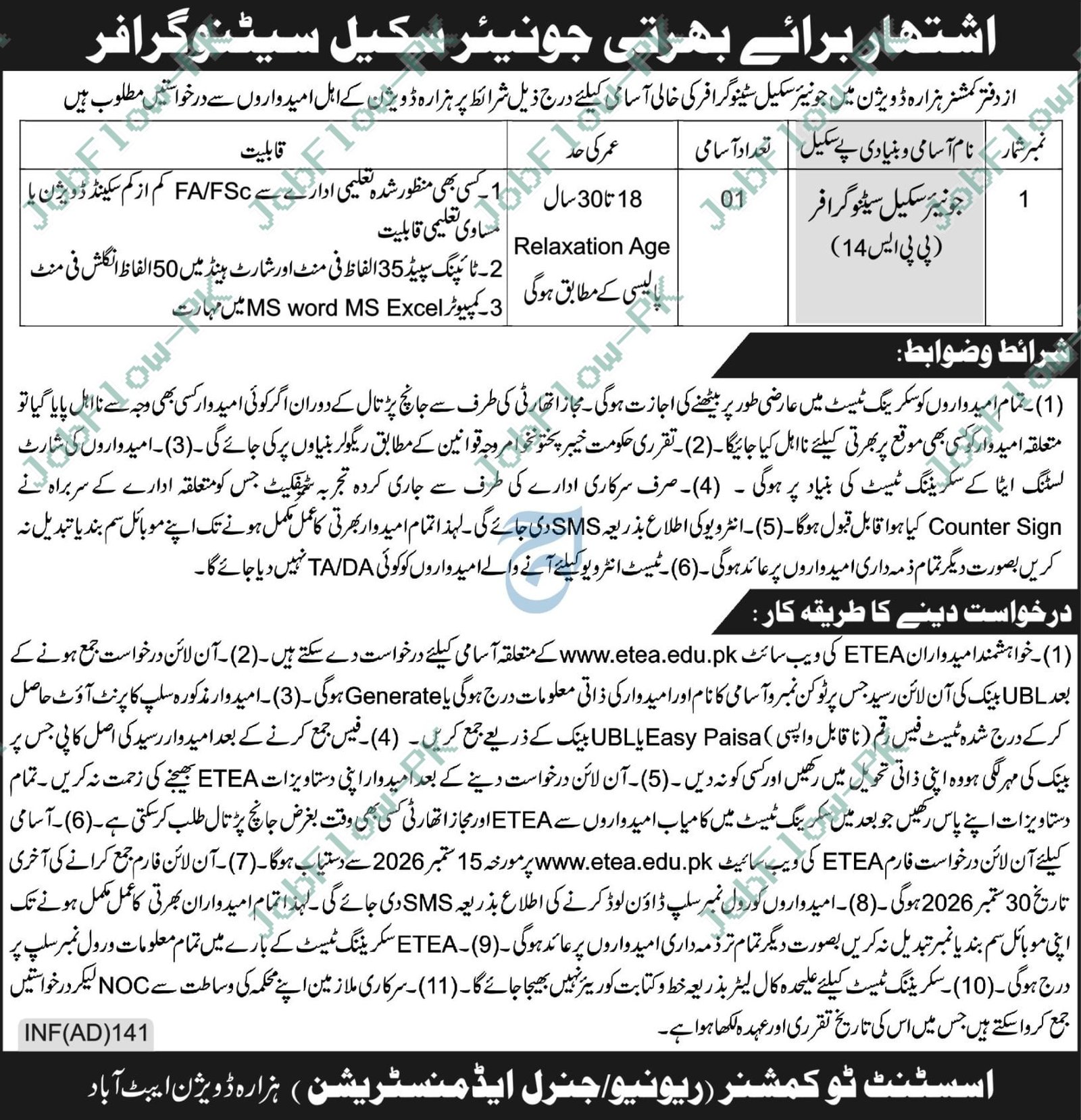 Commissioner Hazara Jobs 2026 in Abbottabad official advertisement