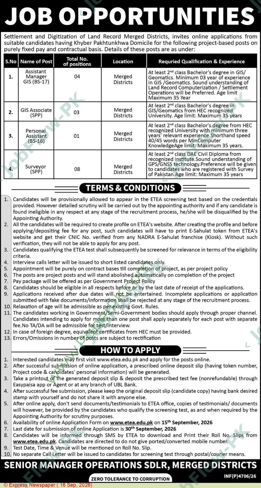 Settlement and Digitization of Land Record (SDLR Merged Districts) Jobs 2026 in Peshawar official advertisement