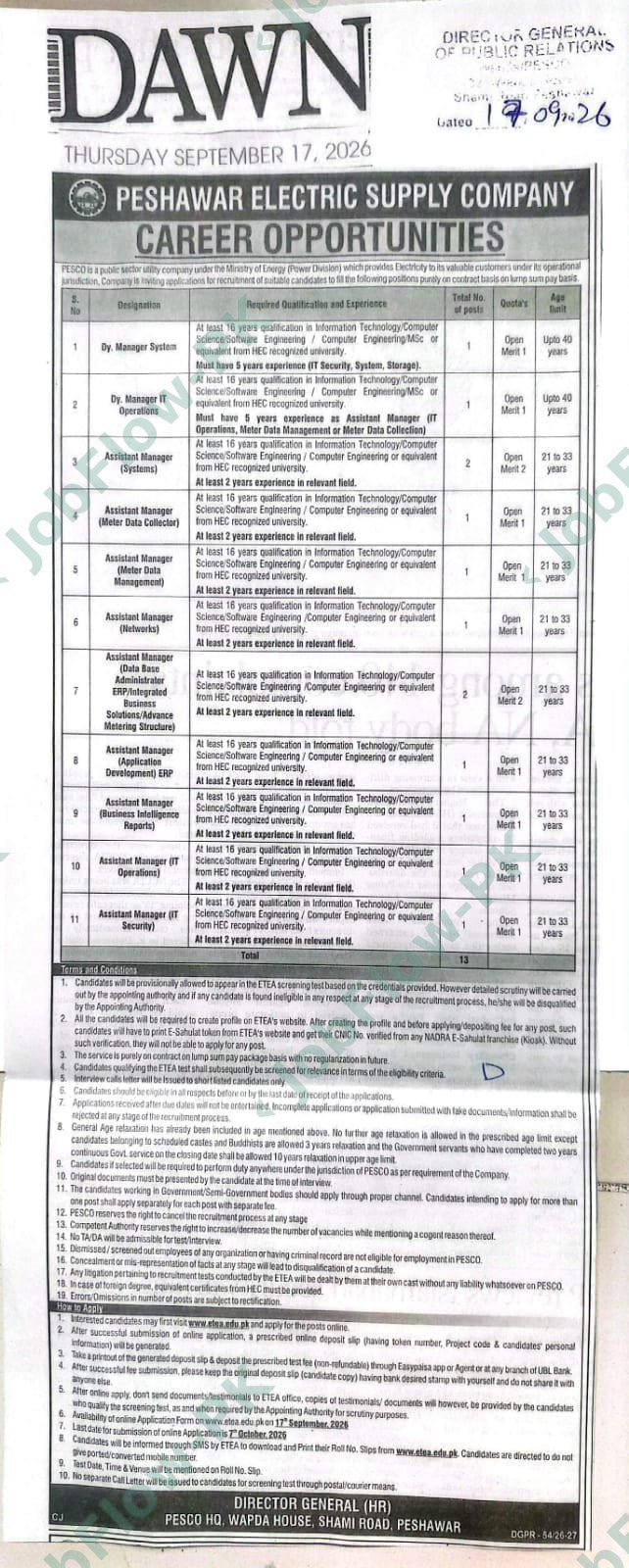 Peshawar Electric Supply Company PESCO Peshawar Electric Supply Company (PESCO) Jobs 2026 in Peshawar official advertisement