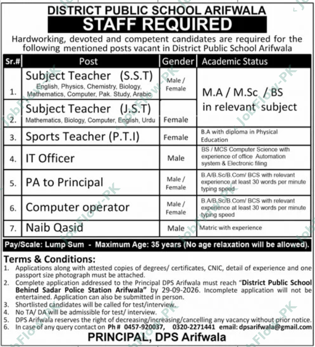 District Public School Arifwala Jobs 2026 official advertisement