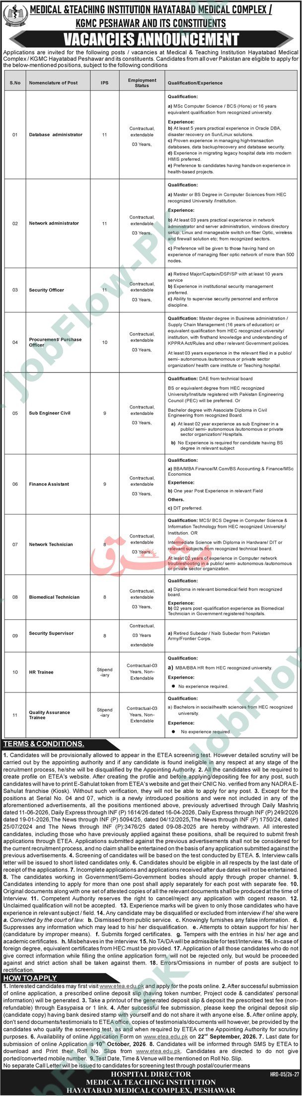 Medical Teaching Institution MTI Peshawar Jobs 2026 official advertisement
