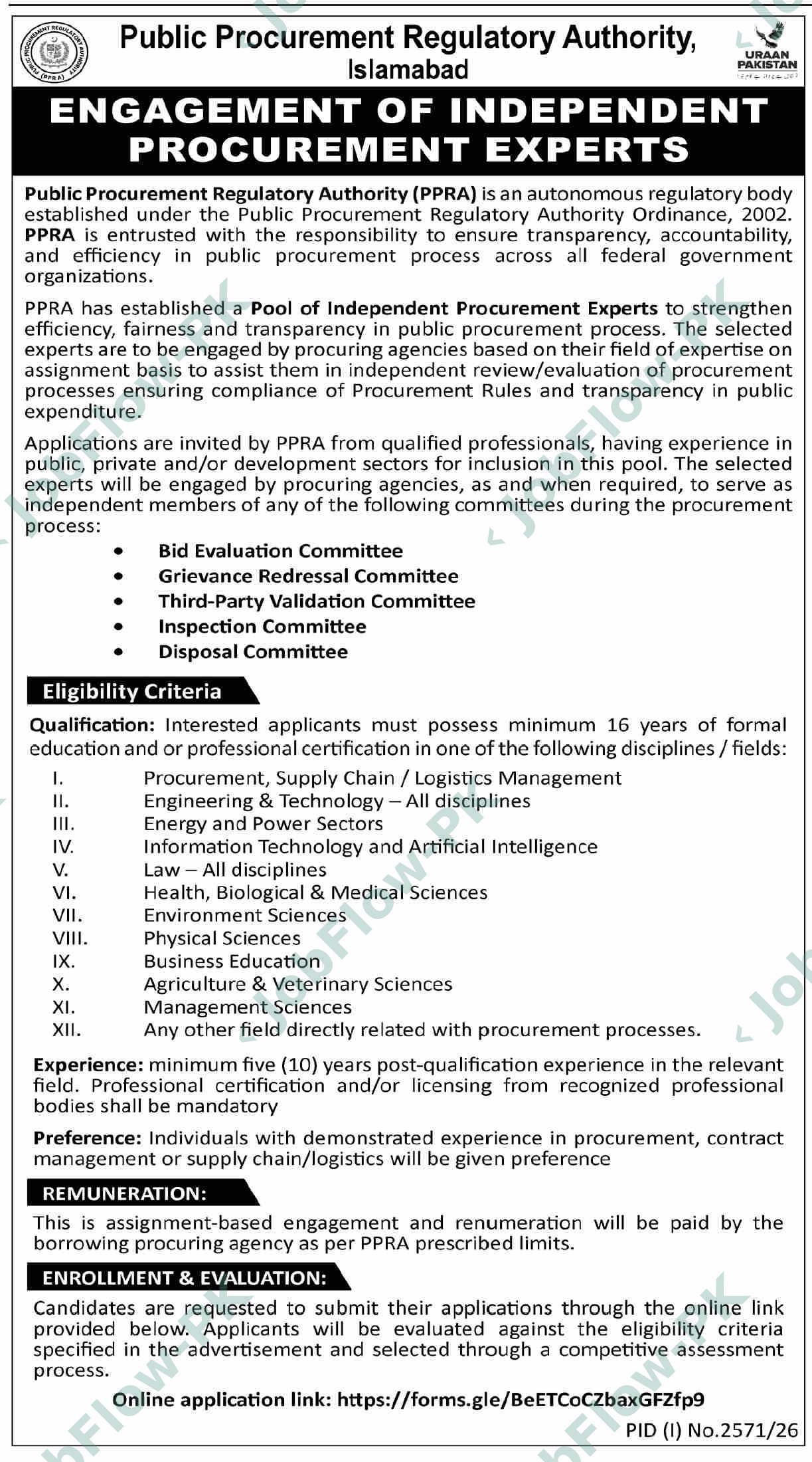 Public Procurement Regulatory Authority PPRA Jobs 2026 official advertisement