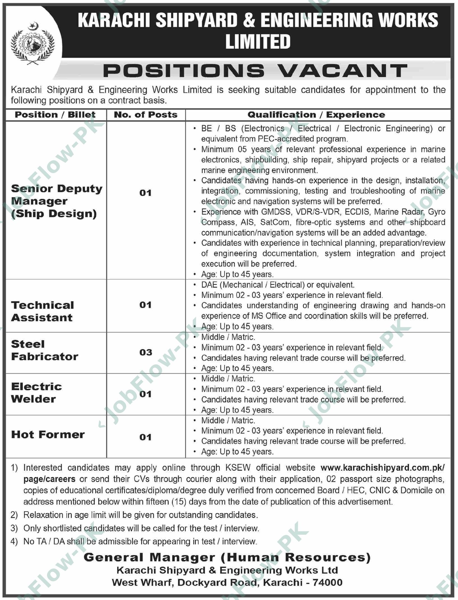 Karachi Shipyard & Engineering Works KSEW Jobs 2026 – Karachi Shipyard and Engineering Works Limited official advertisement
